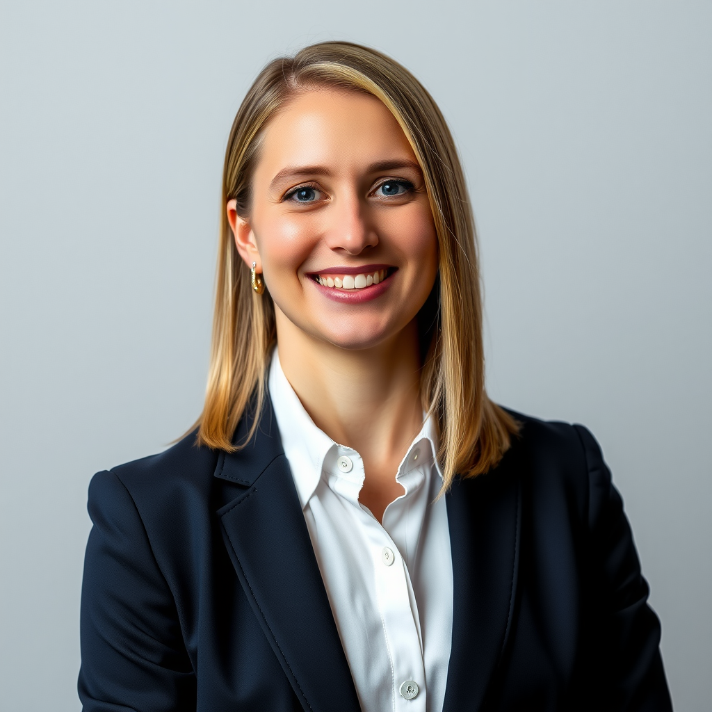 Professional headshot of Sarah Mitchell, Senior Investment Advisor, wearing business attire with a confident smile, against a neutral background, studio lighting, high-quality corporate photography