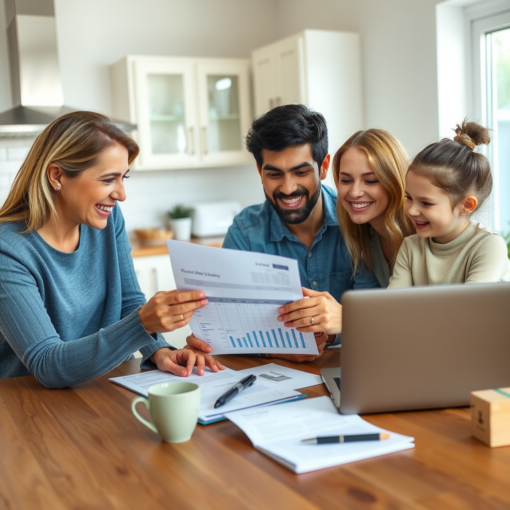 Happy Canadian family sitting together at kitchen table reviewing financial documents and using laptop to plan their personal loan application, smiling and discussing their financial future in a bright modern home