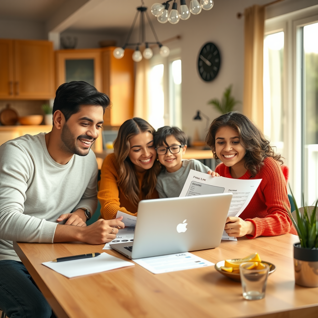 Happy Canadian family sitting together at kitchen table reviewing financial documents and using laptop to plan personal loan application, warm home interior, natural lighting, diverse family smiling confidently about their financial future