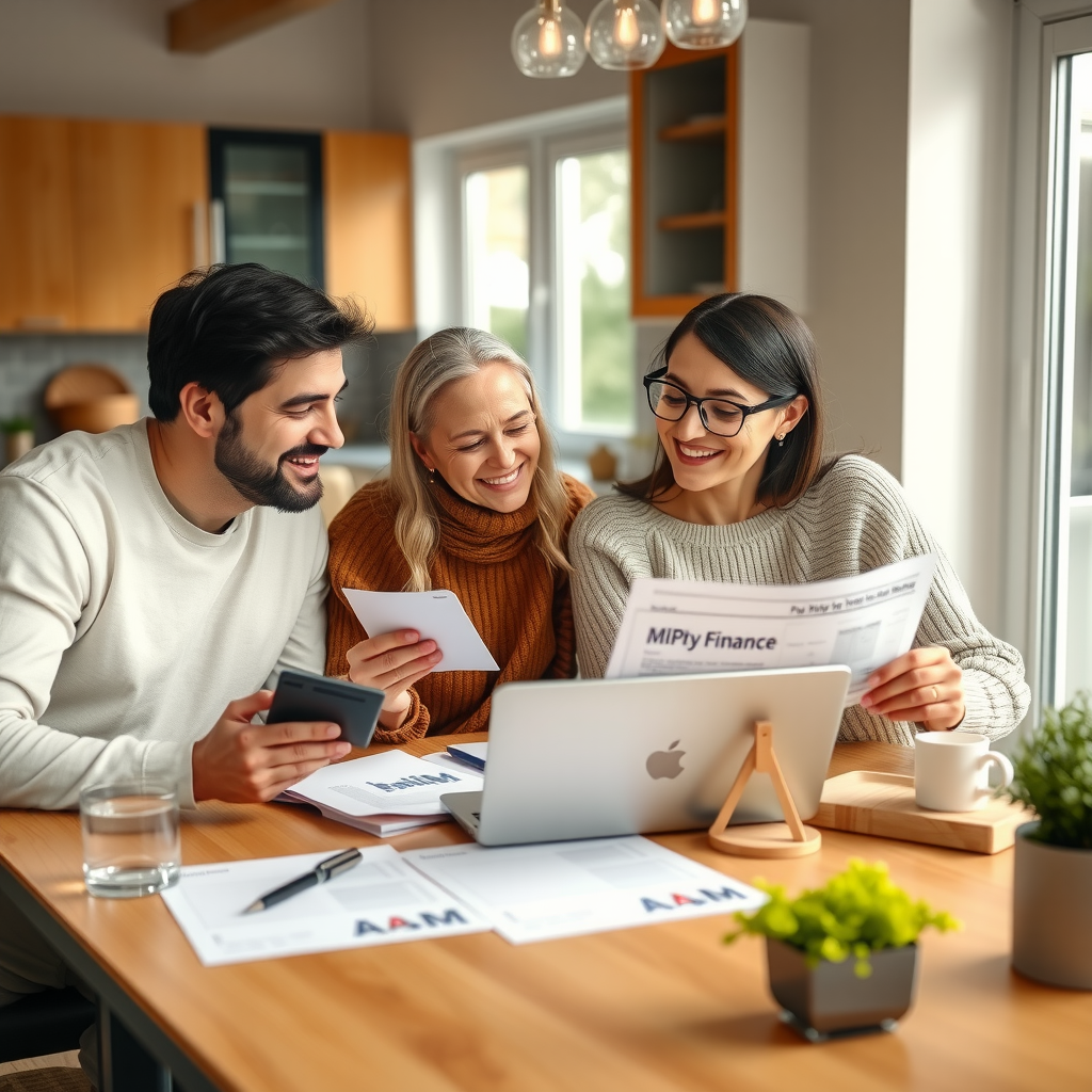 Happy Canadian family sitting together at kitchen table reviewing financial documents and planning their budget with calculator and laptop, smiling and discussing personal loan options for home improvements