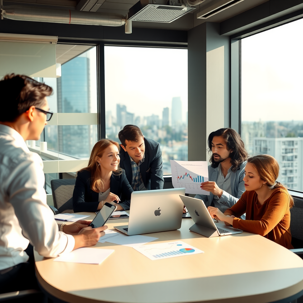Professional Canadian business owners reviewing financial documents in a modern Vancouver office with city skyline visible through windows, diverse team collaborating around a conference table with laptops and charts