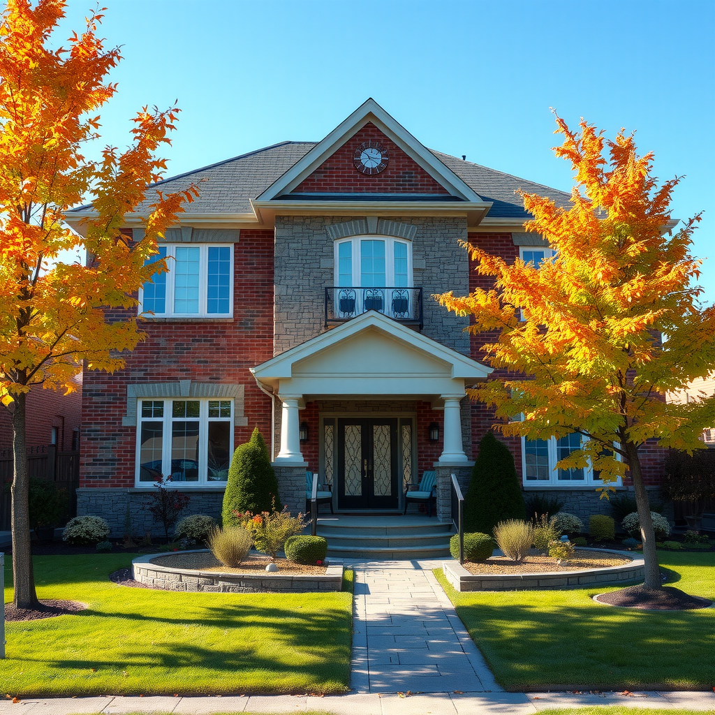 Attractive two-story Canadian home with brick and stone exterior, manicured front lawn, maple trees in autumn colors, welcoming front porch with columns, and clear blue sky - representing the dream of Canadian homeownership