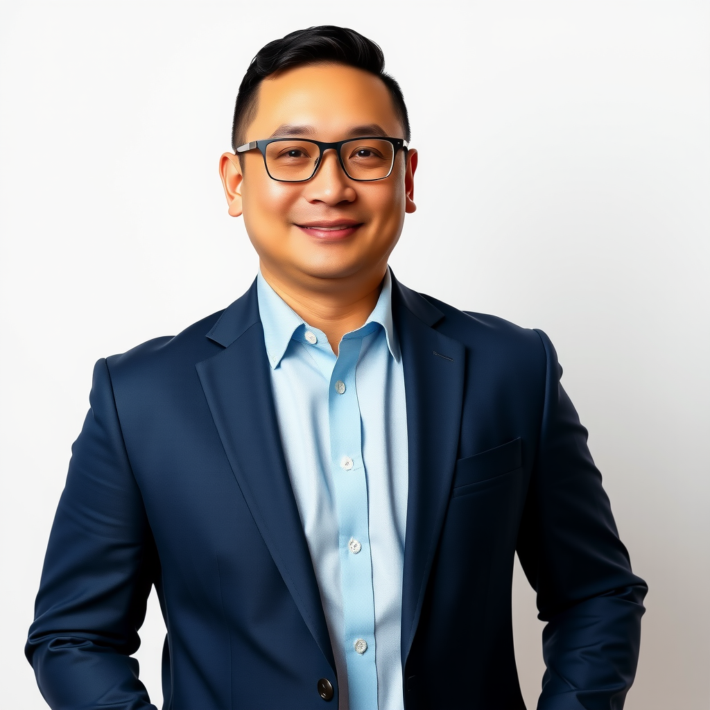 Professional headshot of David Chen, Accredited Mortgage Professional, wearing a navy blue business suit with a confident smile, standing against a clean white background with soft professional lighting