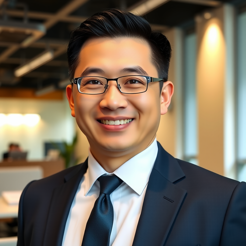 Professional headshot of David Chen, Mortgage and Lending Specialist, wearing a navy suit and tie, friendly approachable expression, modern office background, professional corporate photography