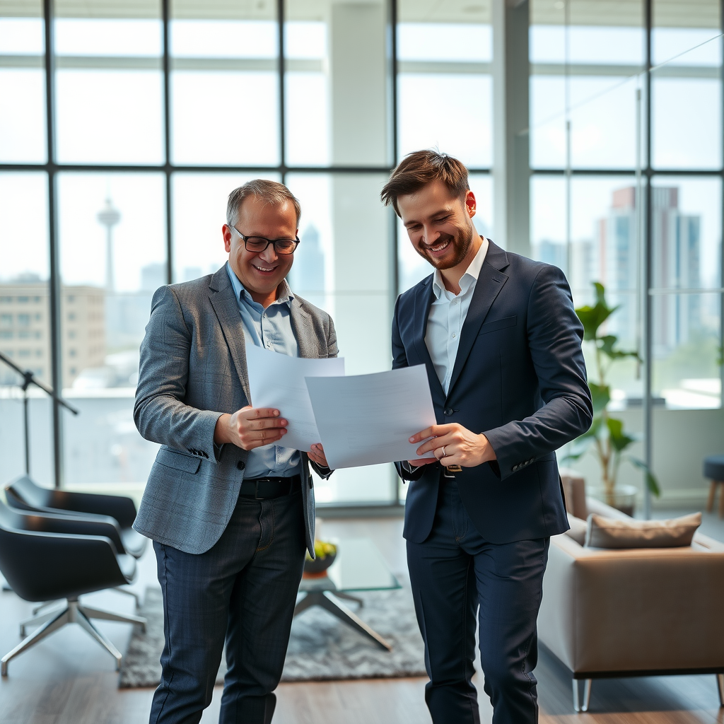 Two Canadian business owners standing in modern bright office space with glass walls and contemporary furniture, reviewing business loan documents and discussing expansion plans with confident smiles, Vancouver or Toronto skyline visible through windows
