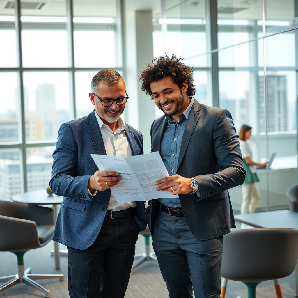 Two diverse Canadian business owners standing in bright modern office space with glass walls and contemporary furniture, reviewing business loan documents on tablet, professional attire, confident expressions, Vancouver or Toronto skyline visible through windows, collaborative entrepreneurial atmosphere