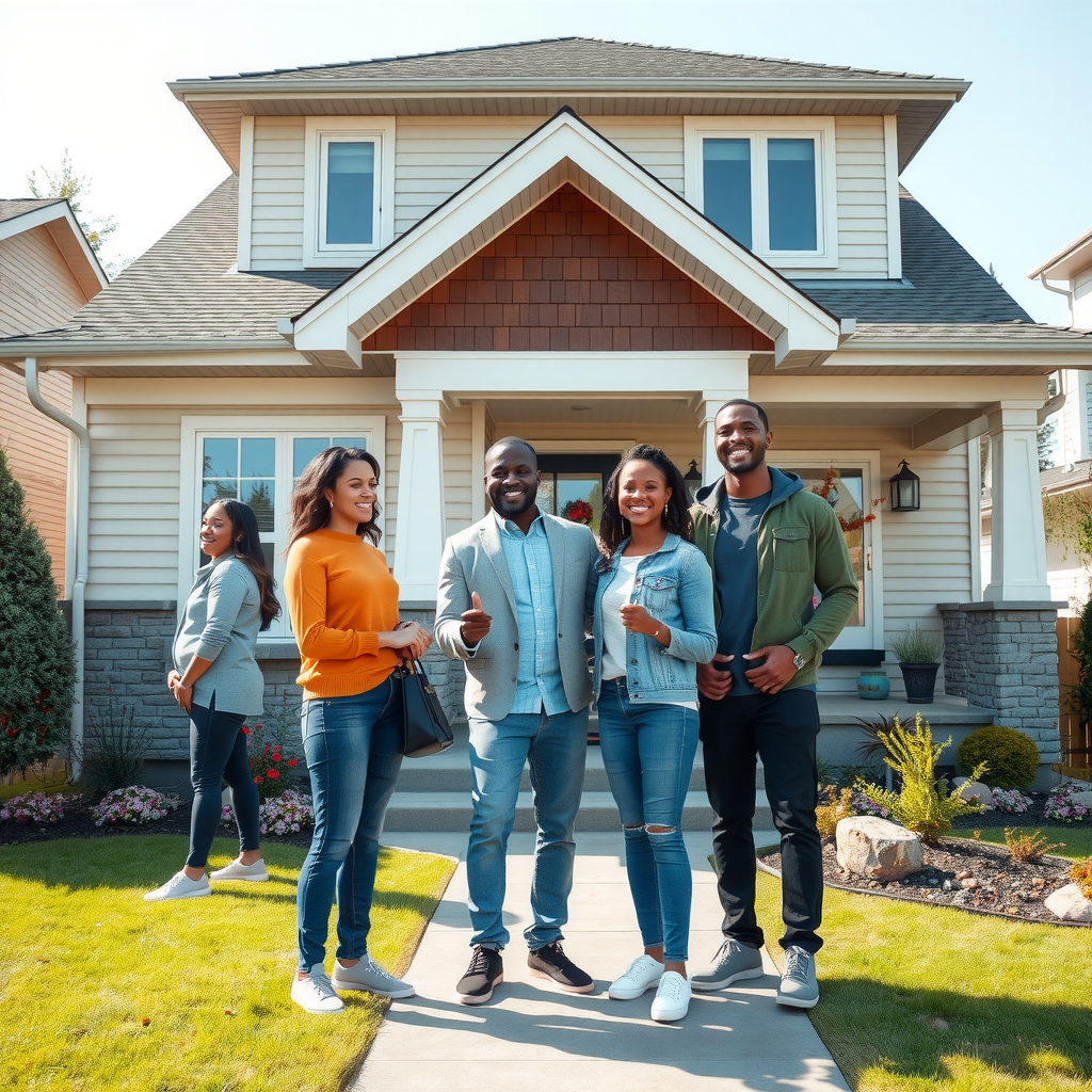 Attractive modern Canadian single-family home exterior with well-maintained lawn and landscaping, young diverse family of three standing in front holding house keys and smiling joyfully, bright sunny day, welcoming front porch, representing successful mortgage approval and homeownership dream achieved